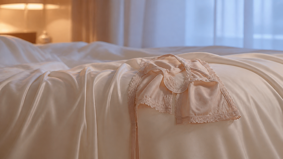 Soft unwired lace-trimmed silk piece draped over ivory silk bedding at dawn