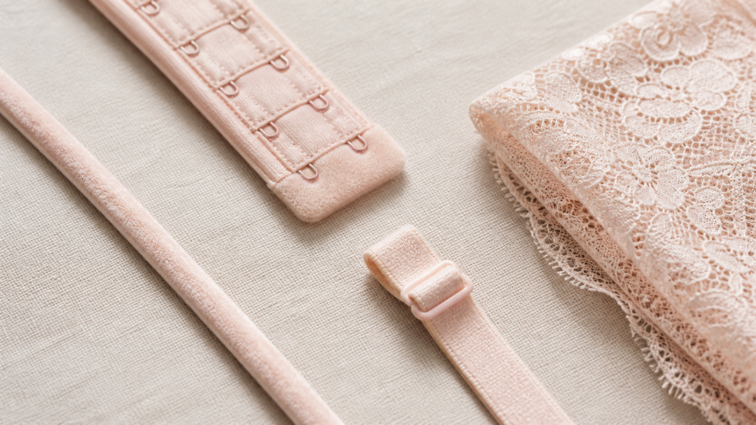 Macro still life of lingerie construction details on linen: velvet-covered boning, a multi-row hook-and-eye closure, an adjustable strap slider and folded blush lace