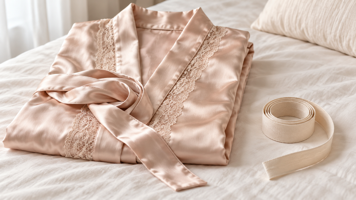 A folded champagne satin robe with its tie belt on a cream bed.