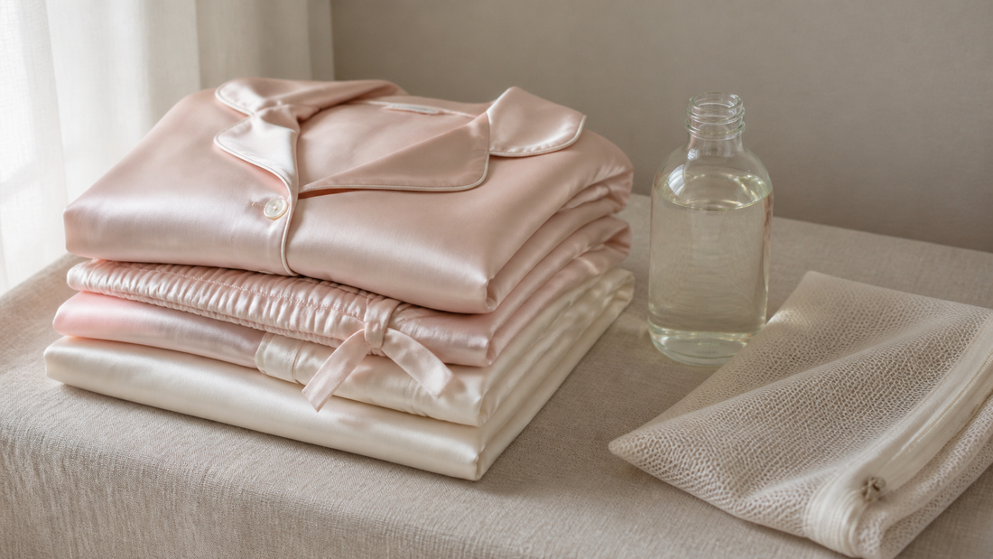 Folded stack of blush and ivory silk sleepwear beside a bottle of delicate wash and a mesh laundry bag