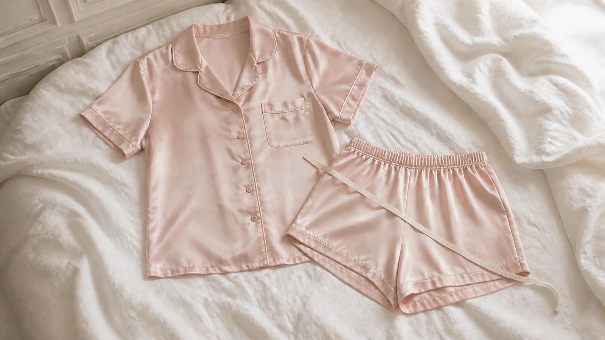 Blush silk pyjama set laid flat on cream bedding with a soft measuring tape draped across the shorts
