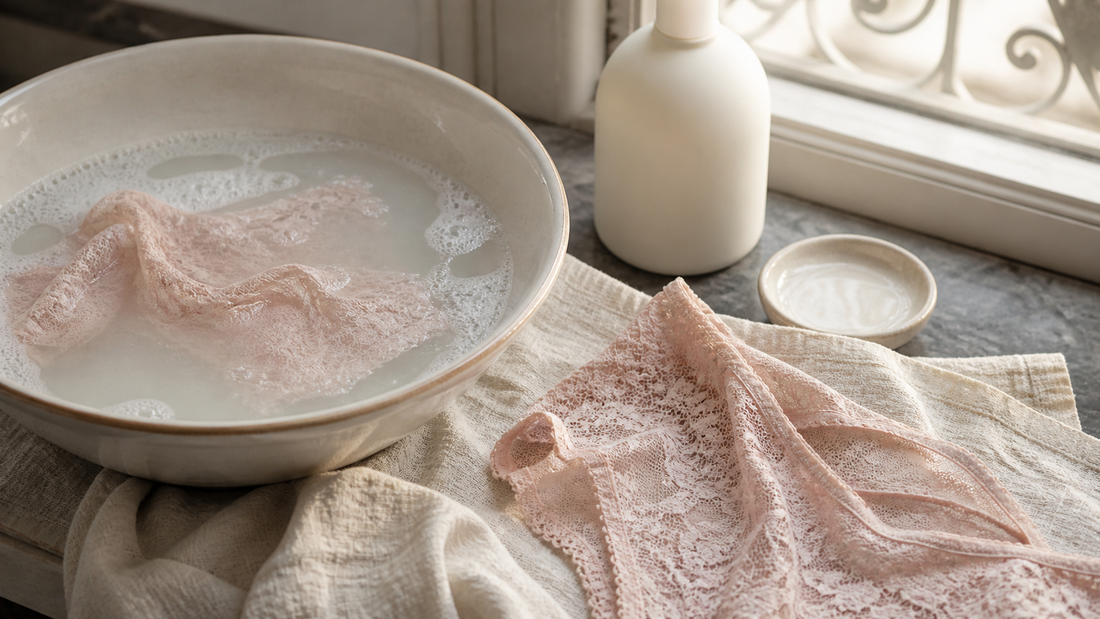 Blush lace lingerie beside a ceramic hand-wash basin and gentle detergent on linen