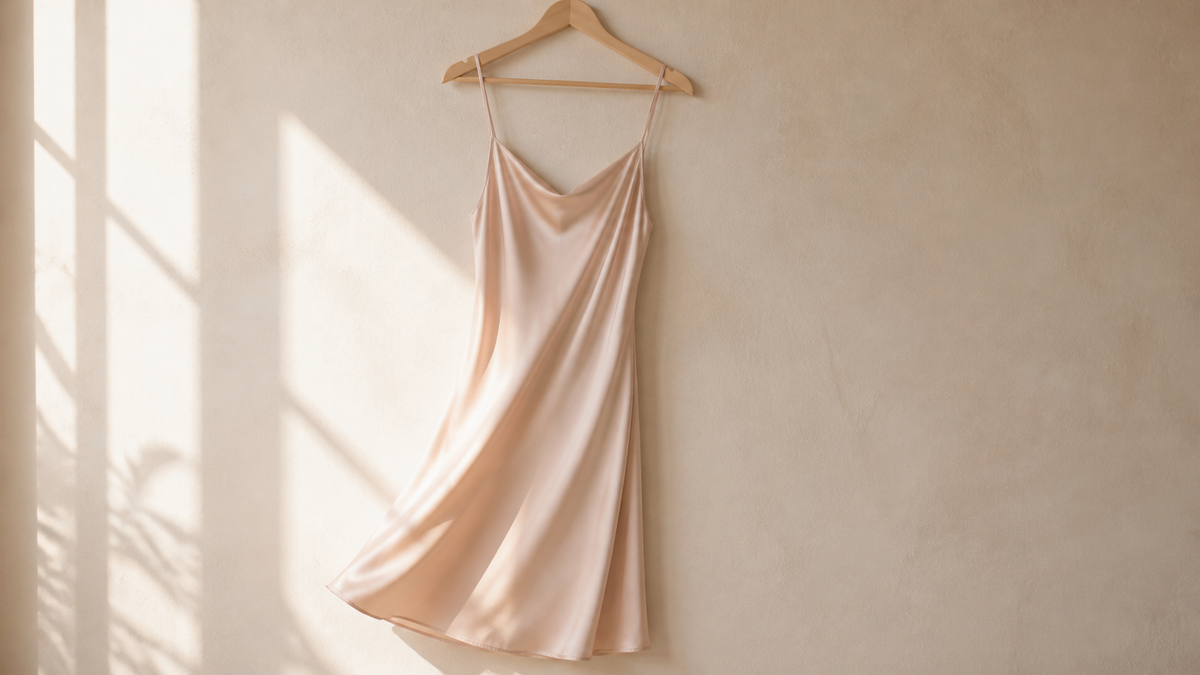 Bias-cut blush silk slip on a wooden hanger against a warm plaster wall in afternoon light