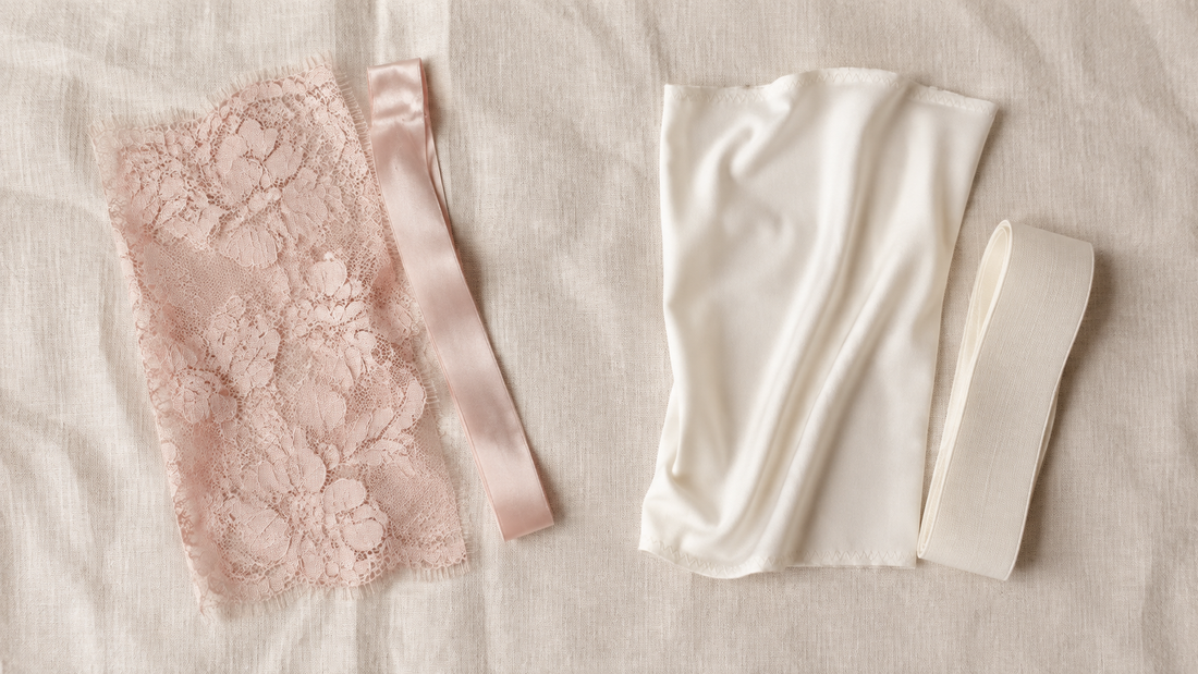 A sheer French lace panel with a narrow satin strap beside a matte stretch jersey panel with a wide elastic band