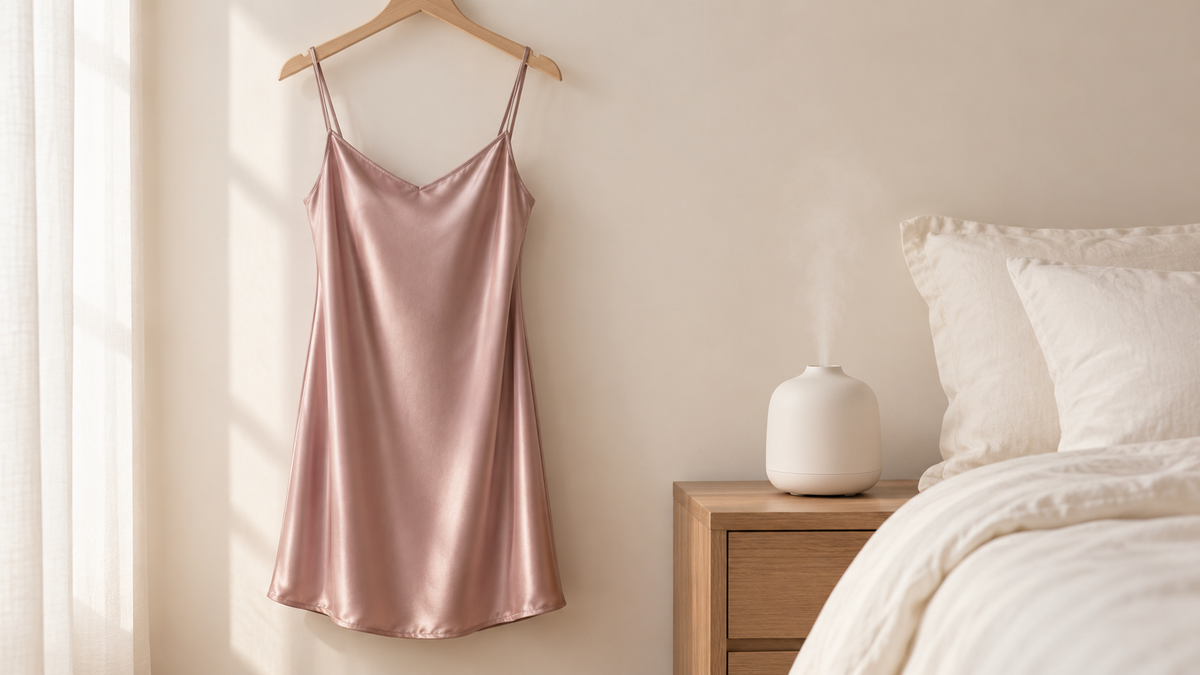 A pink satin slip on a wooden hanger beside a bed and a small humidifier.