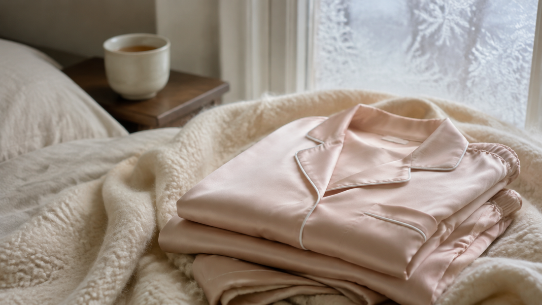 A folded blush silk pyjama set with a notched collar resting on a cream wool blanket in winter light