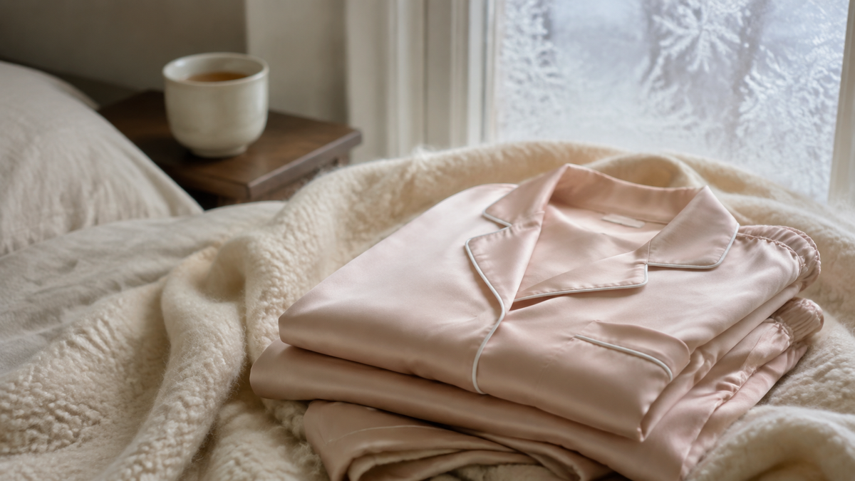 A folded blush silk pyjama set with a notched collar resting on a cream wool blanket in winter light