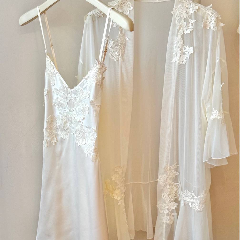 The Champagne Problems Satin Slip photographed from a second angle