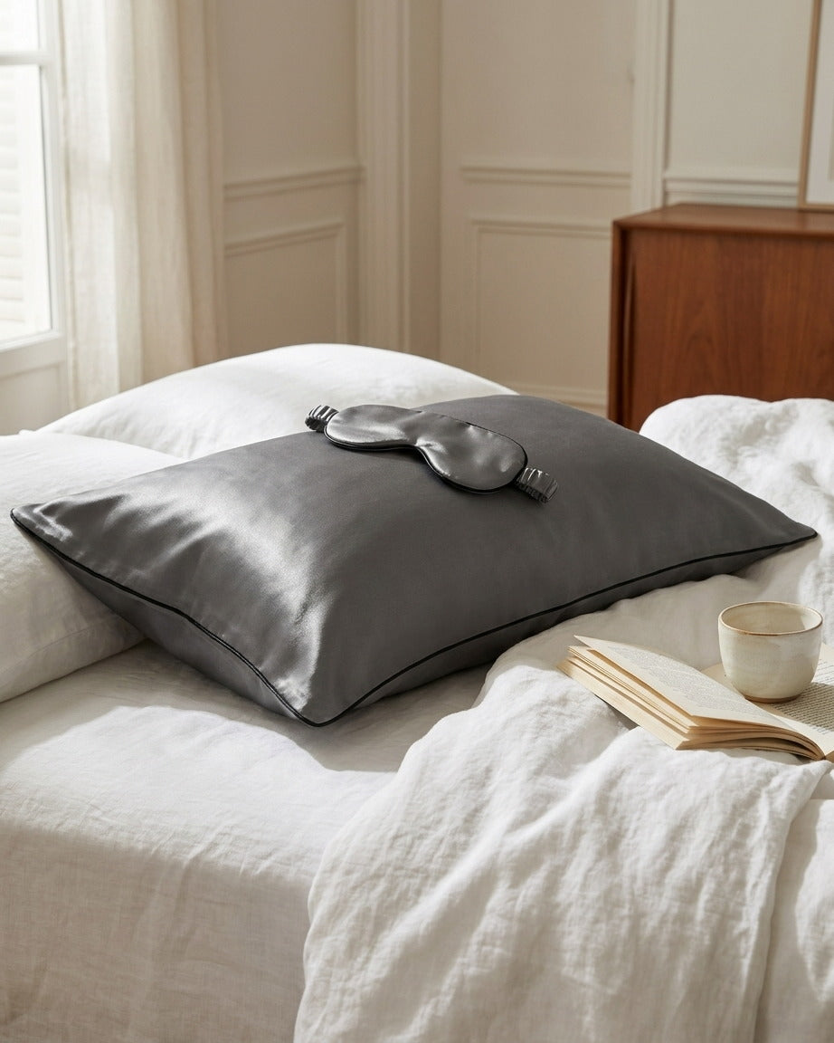 Darette Night Shift Silk Pillowcase in Mist - front view on a soft studio backdrop
