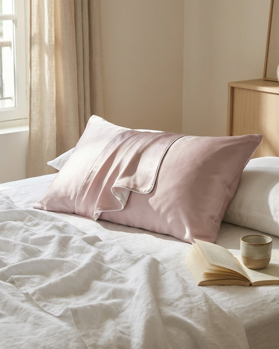 Darette Night Shift Silk Pillowcase in Mauve - front view on a soft studio backdrop
