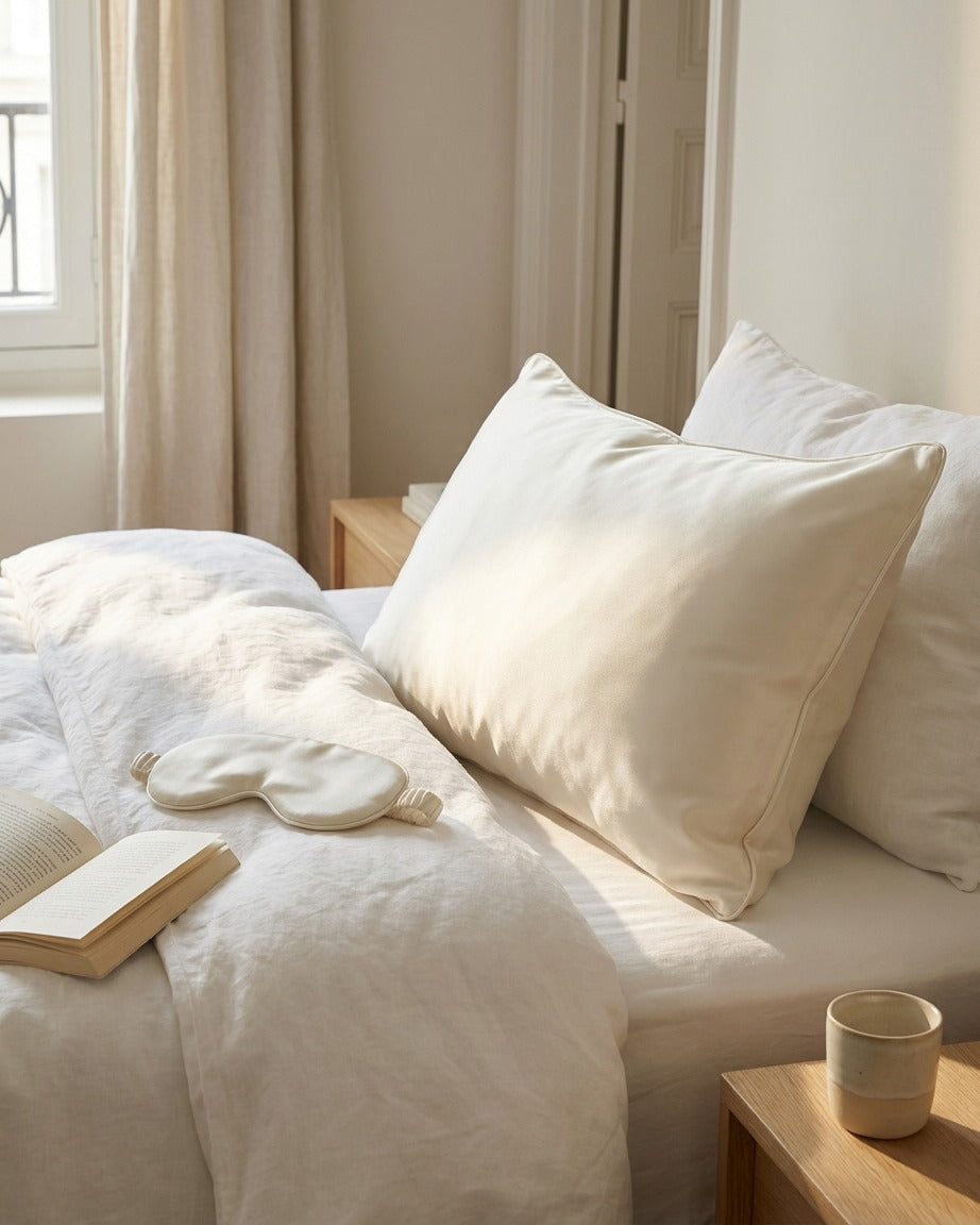 Darette Night Shift Silk Pillowcase in Ivory - front view on a soft studio backdrop