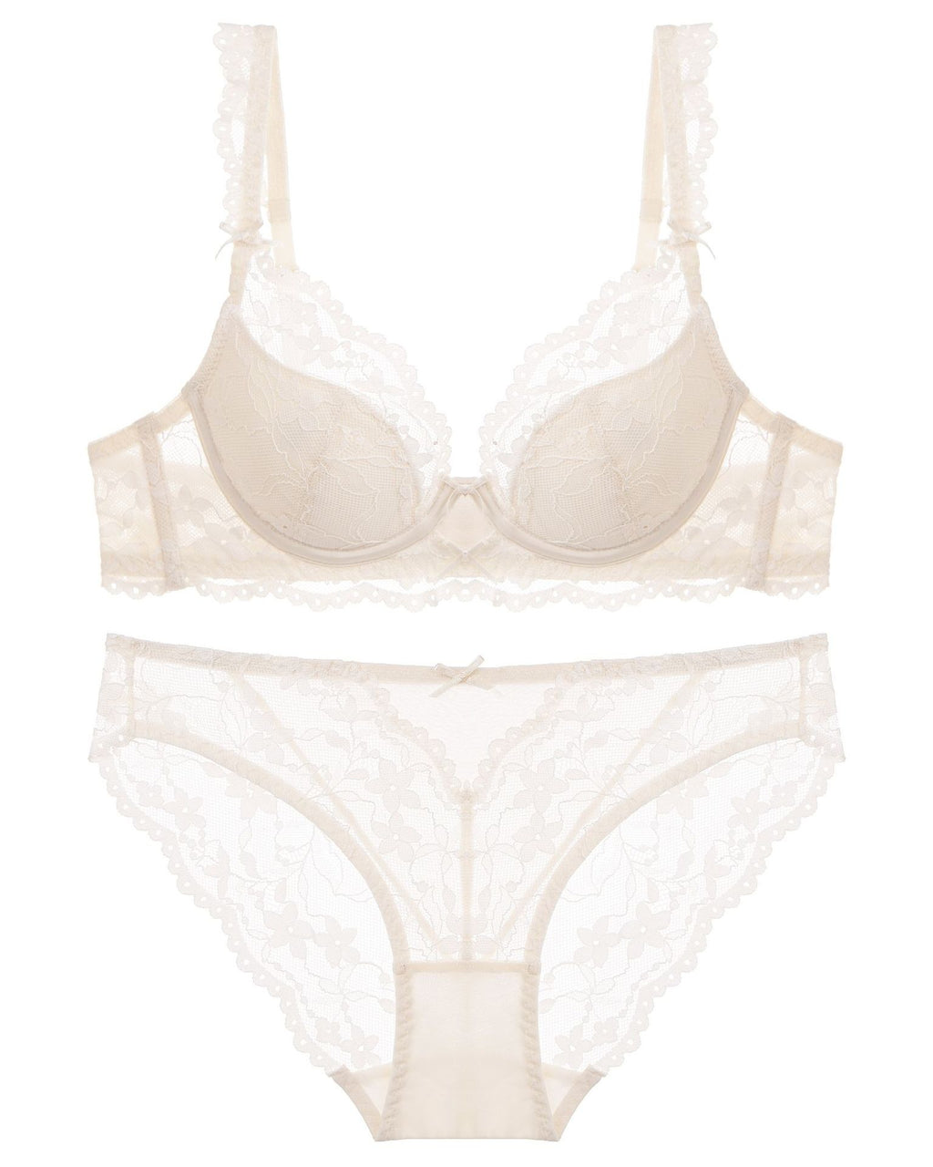 Flat lay of the Darette Low Key Lace Set in Ivory on a plain surface