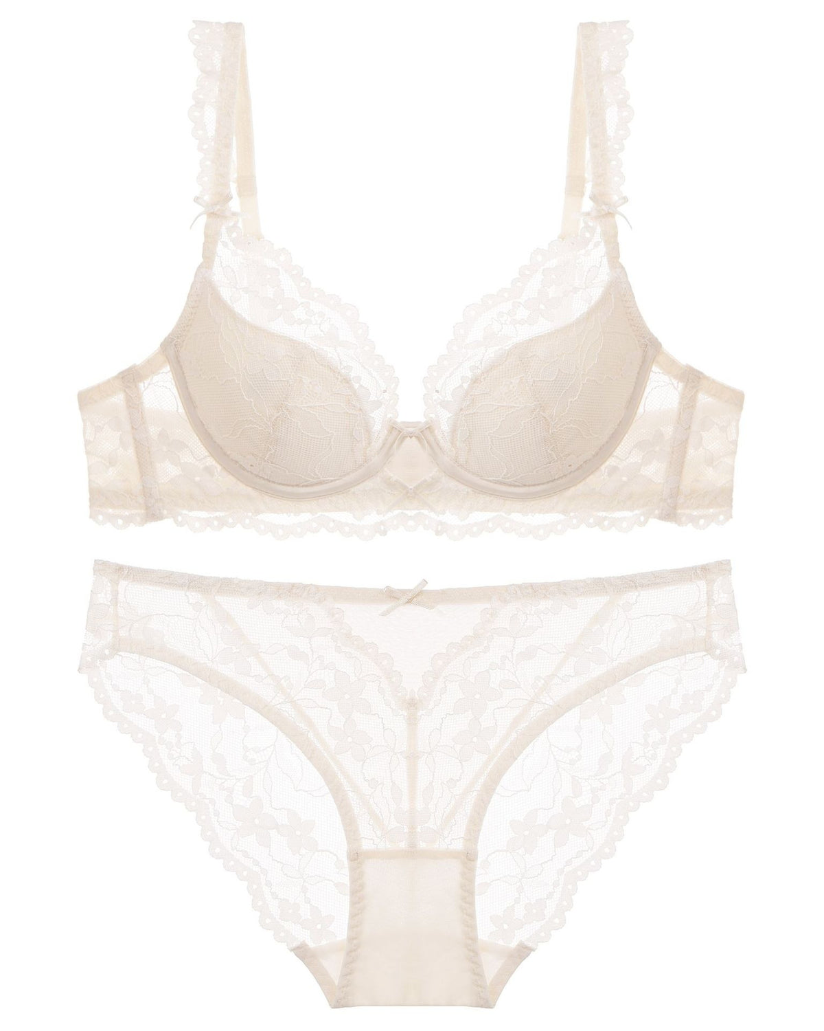Flat lay of the Darette Low Key Lace Set in Ivory on a plain surface