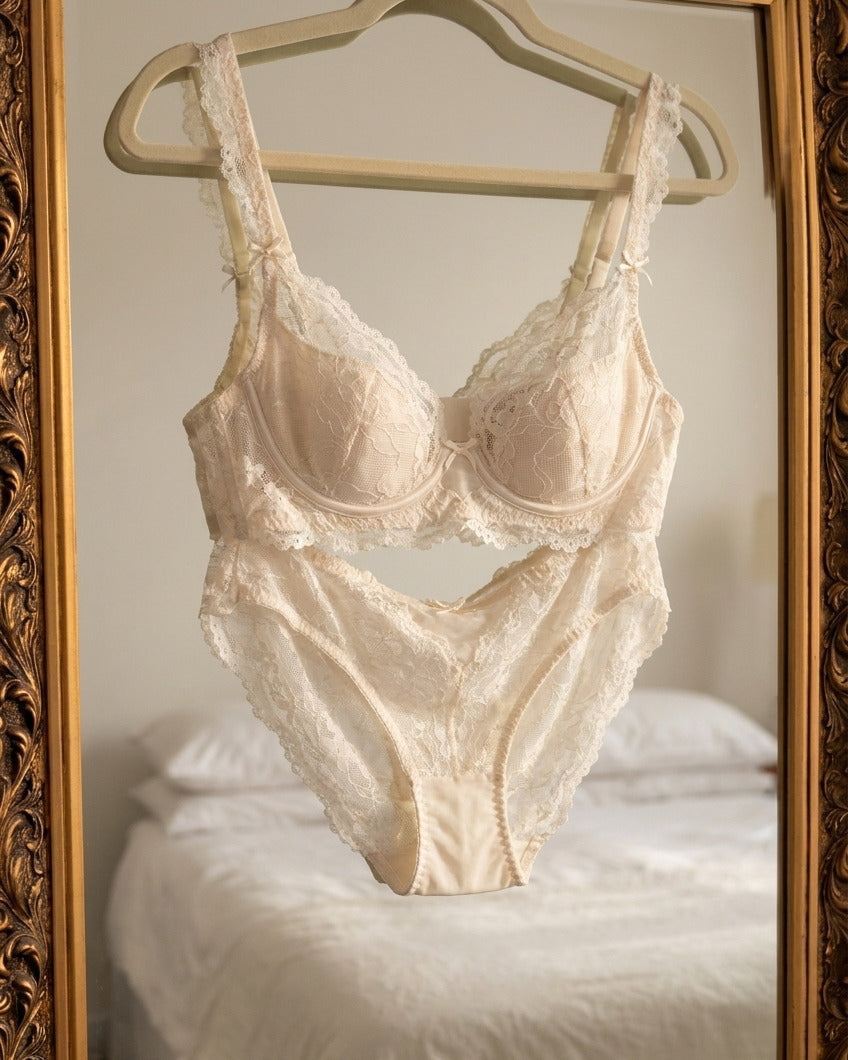 A further view of the Darette Low Key Lace Set in Ivory