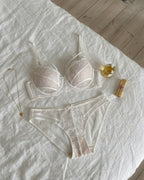 Candid lifestyle shot of the Darette Quiet Yes Lace Set in Ivory