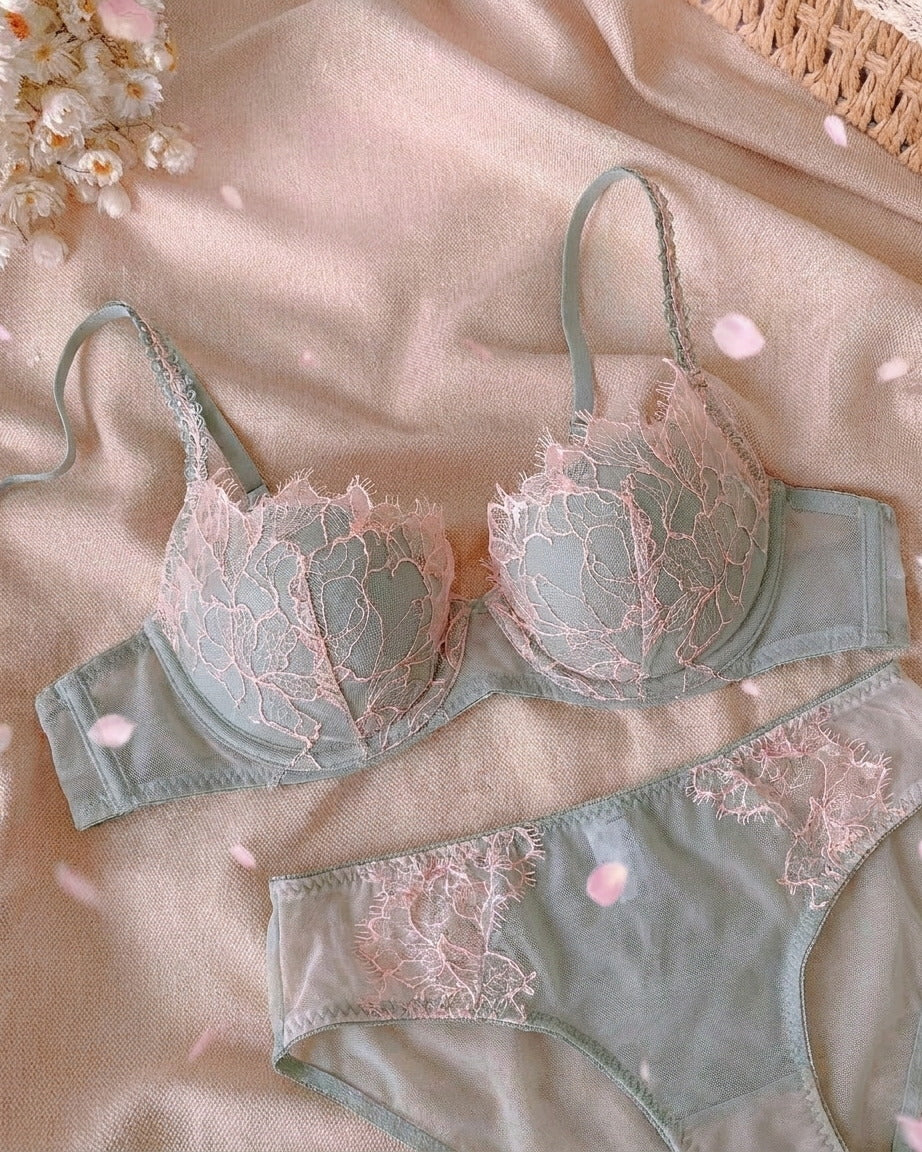 Candid lifestyle shot of the Darette Second Skin Lace Set in Sage