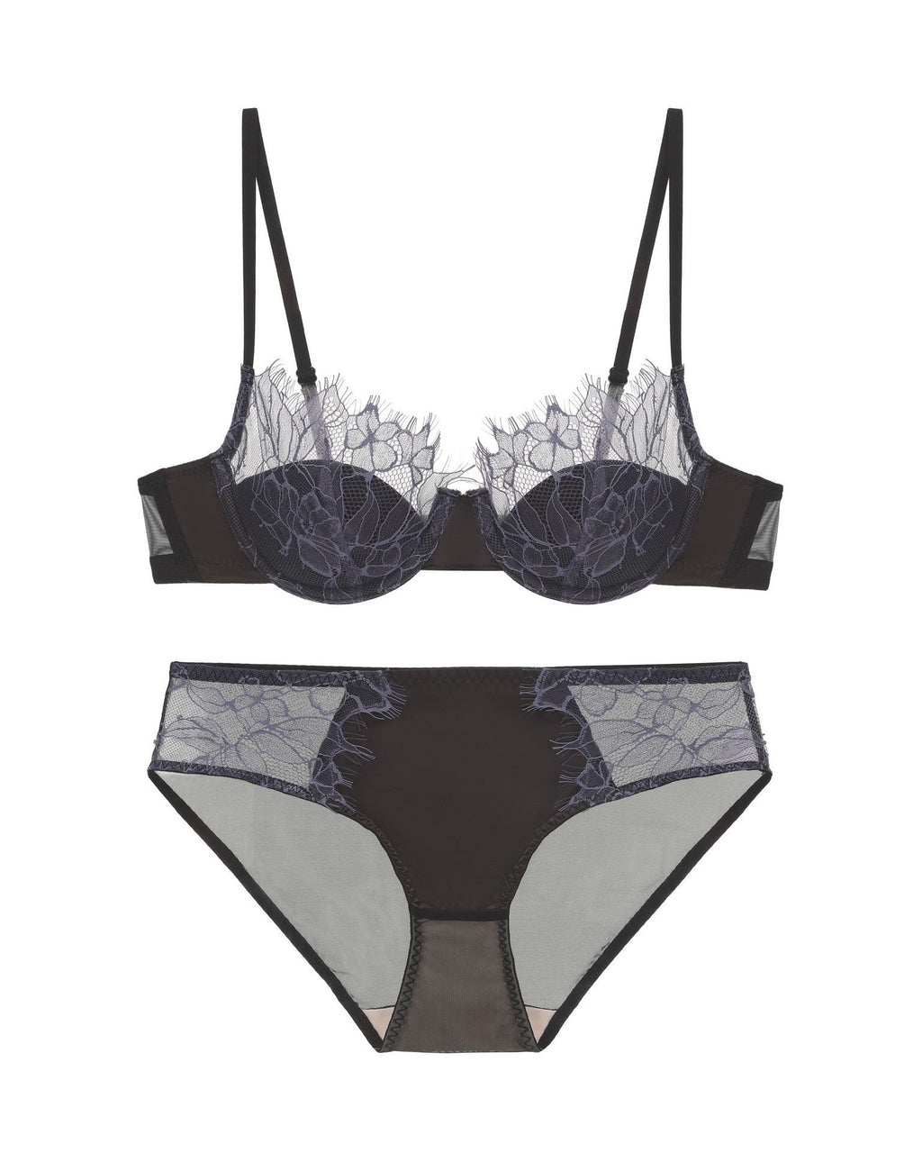 Flat lay of the Darette Second Skin Lace Set in Noir on a plain surface
