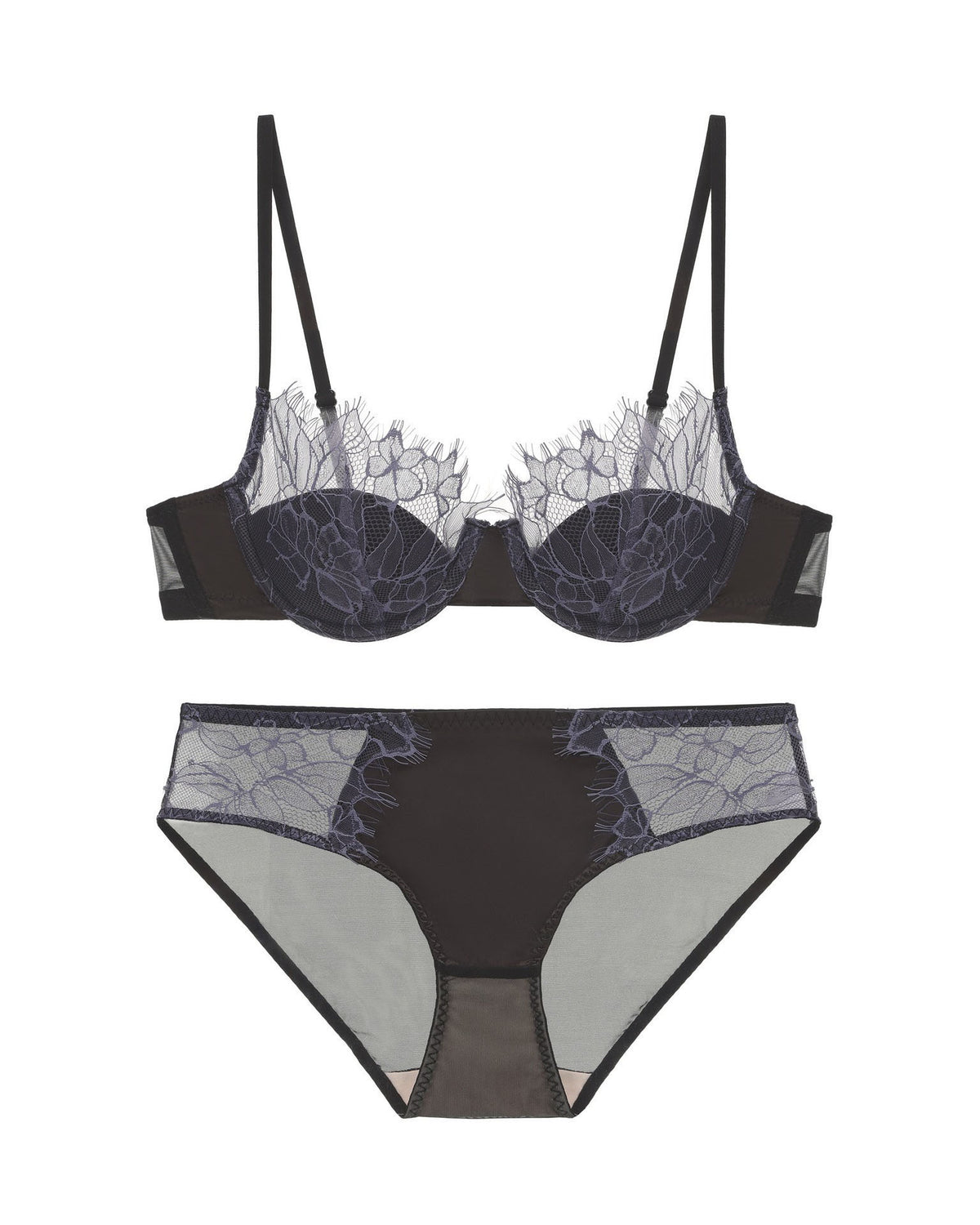 Flat lay of the Darette Second Skin Lace Set in Noir on a plain surface