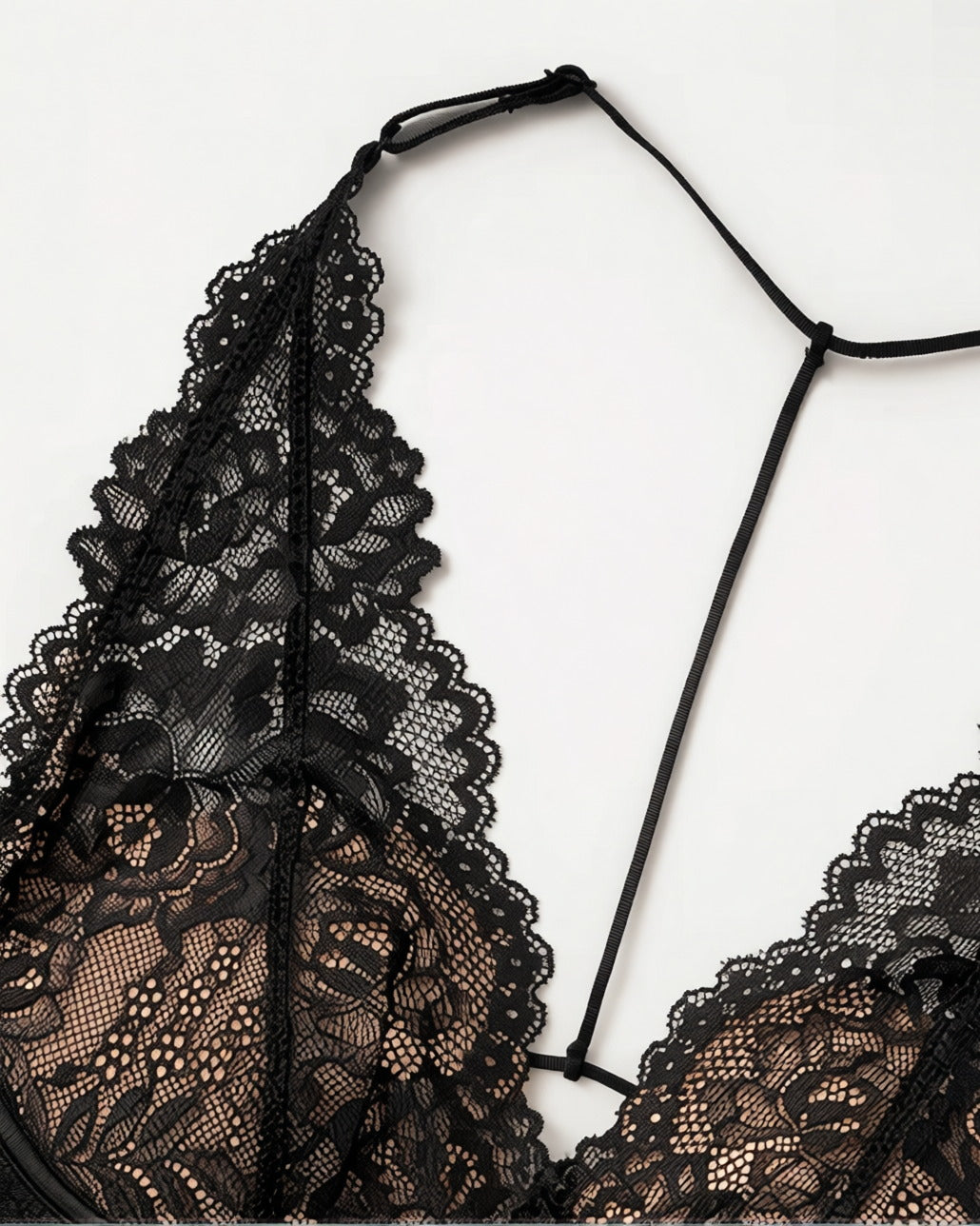 Close-up of the fabric and trim on the Darette Open Secret Halter Set