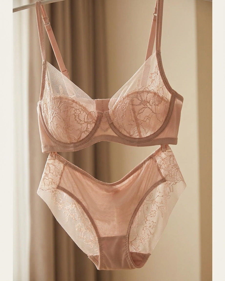 Candid lifestyle shot of the Darette Good Habit Lace Set in Blush