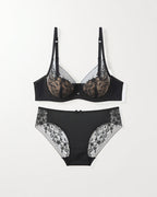 Flat lay of the Darette Good Habit Lace Set in Noir on a plain surface