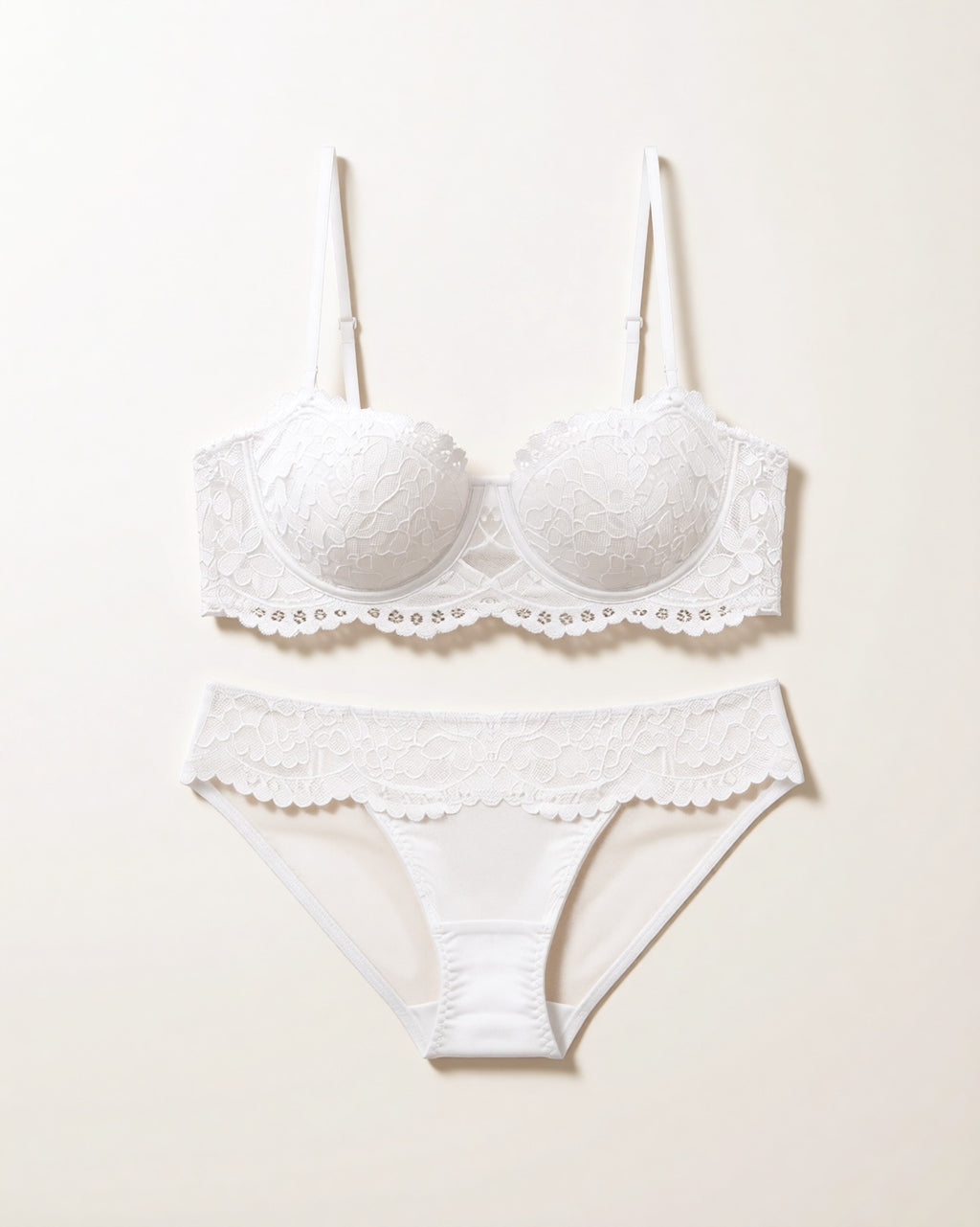 Flat lay of the Darette Half Truth Half-Cup Set in Ivory on a plain surface