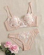 Candid lifestyle shot of the Darette Slow Burn Lace Set in Blush