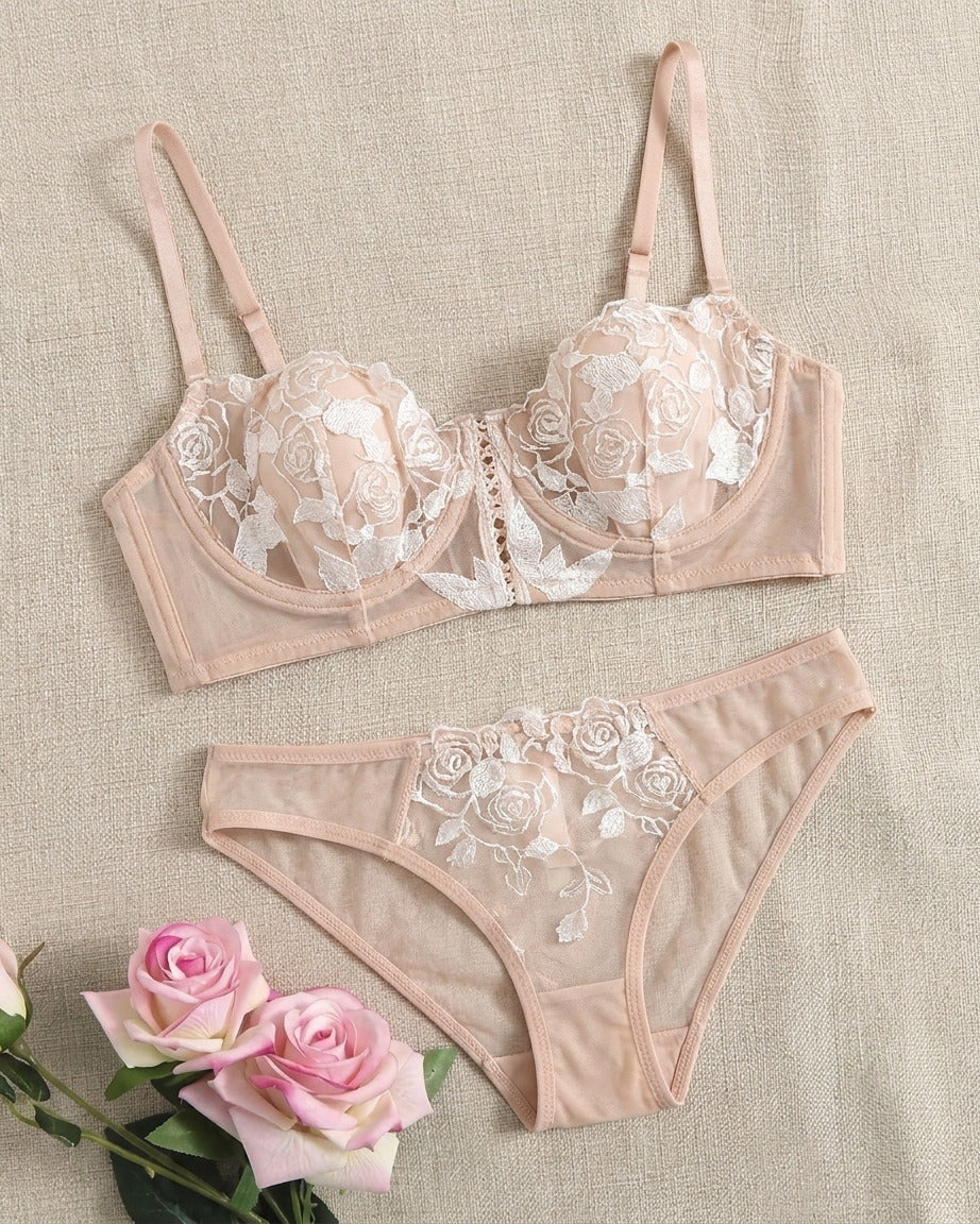 Candid lifestyle shot of the Darette Slow Burn Lace Set in Blush