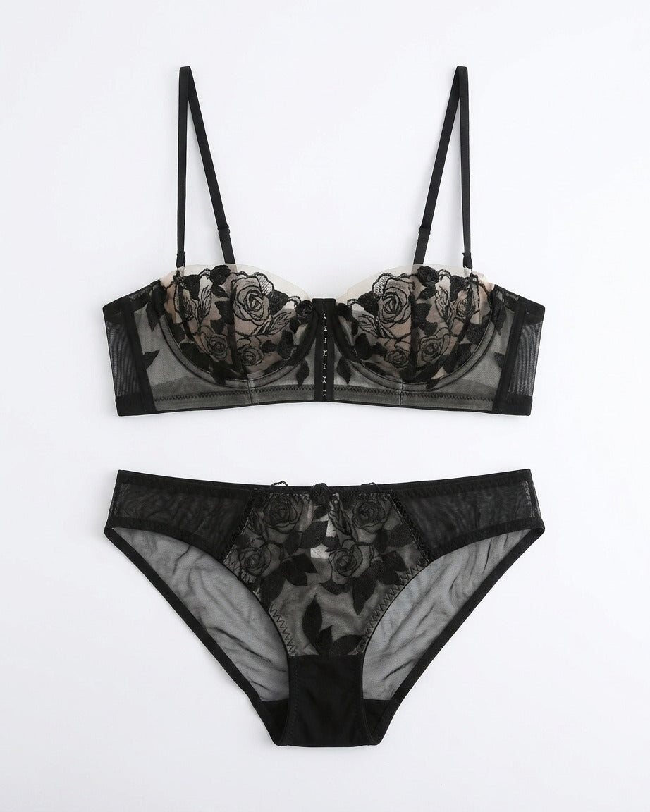 Candid lifestyle shot of the Darette Slow Burn Lace Set in Noir