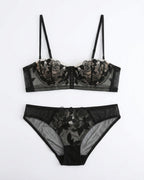 Candid lifestyle shot of the Darette Slow Burn Lace Set in Noir