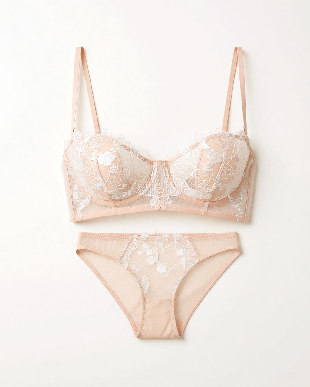 Flat lay of the Darette Slow Burn Lace Set in Blush on a plain surface