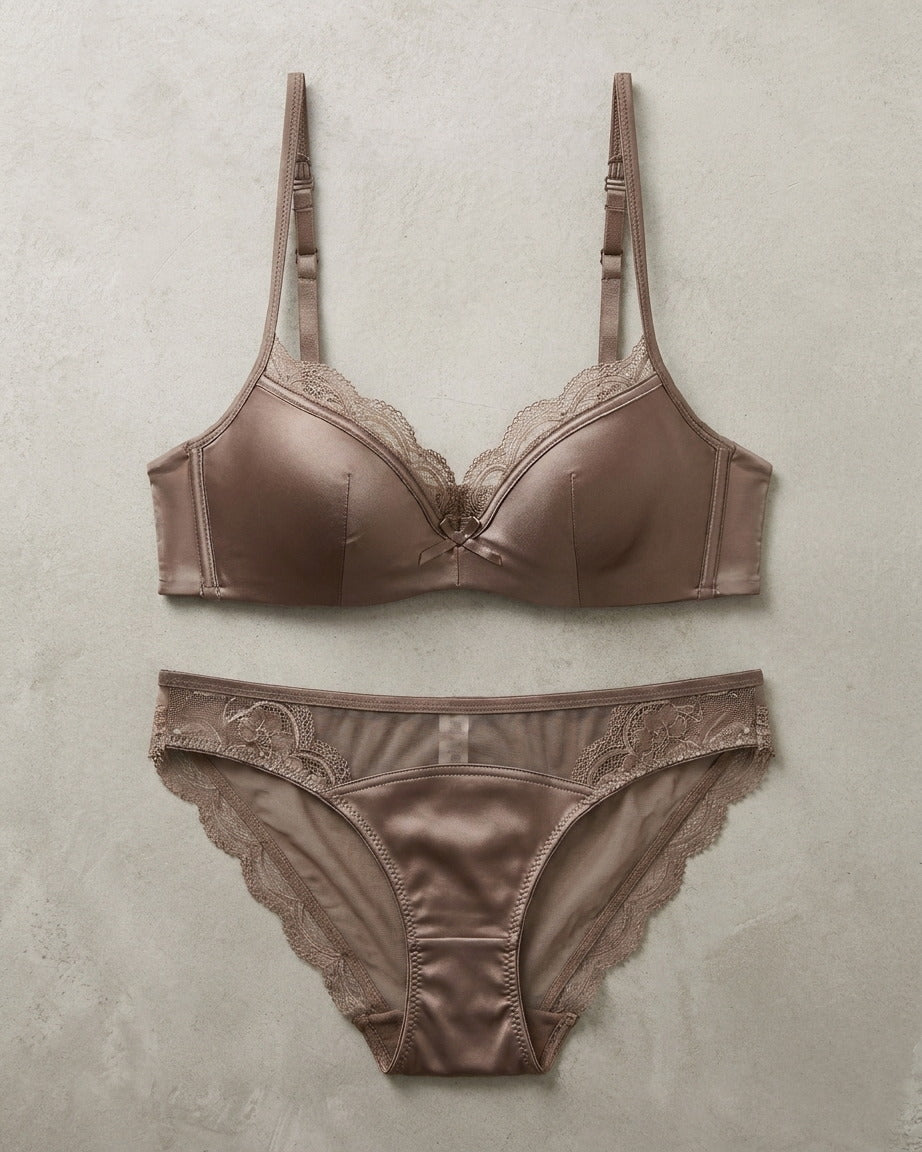 Darette Golden Hour Satin-Lace Set in Mocha - front view on a soft studio backdrop