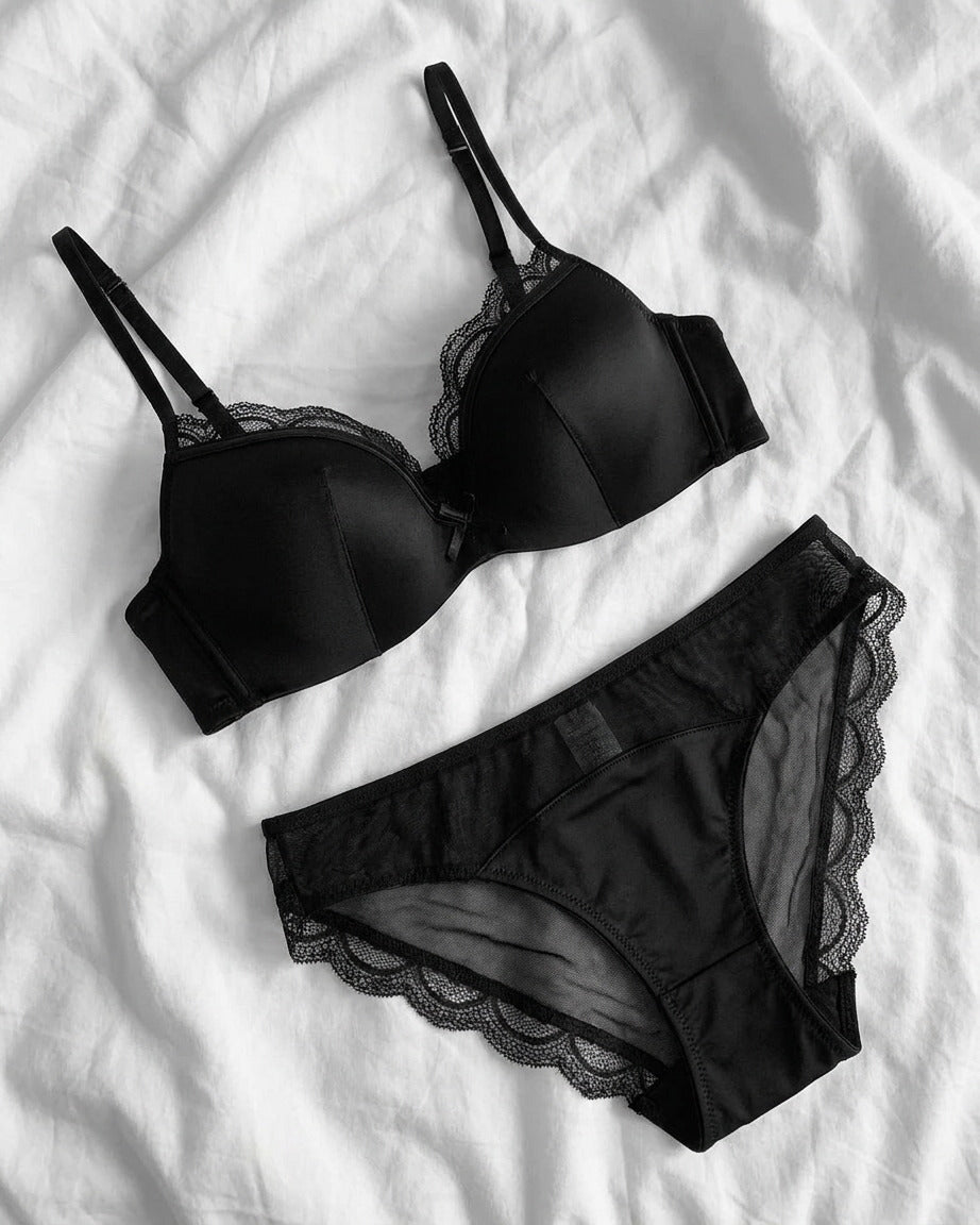 Darette Golden Hour Satin-Lace Set in Noir - front view on a soft studio backdrop
