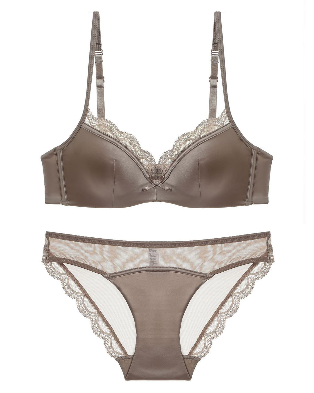Flat lay of the Darette Golden Hour Satin-Lace Set in Mocha on a plain surface