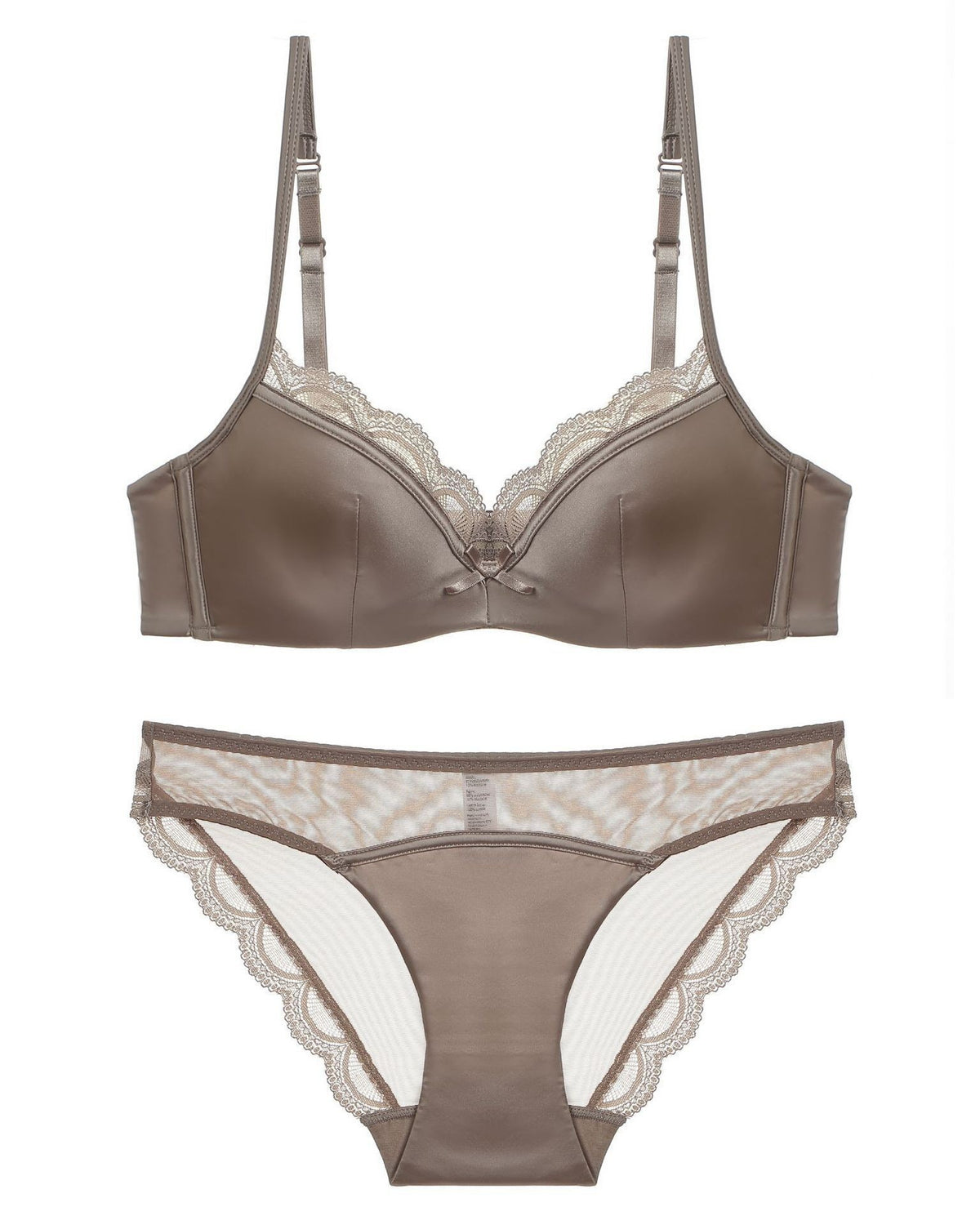Flat lay of the Darette Golden Hour Satin-Lace Set in Mocha on a plain surface