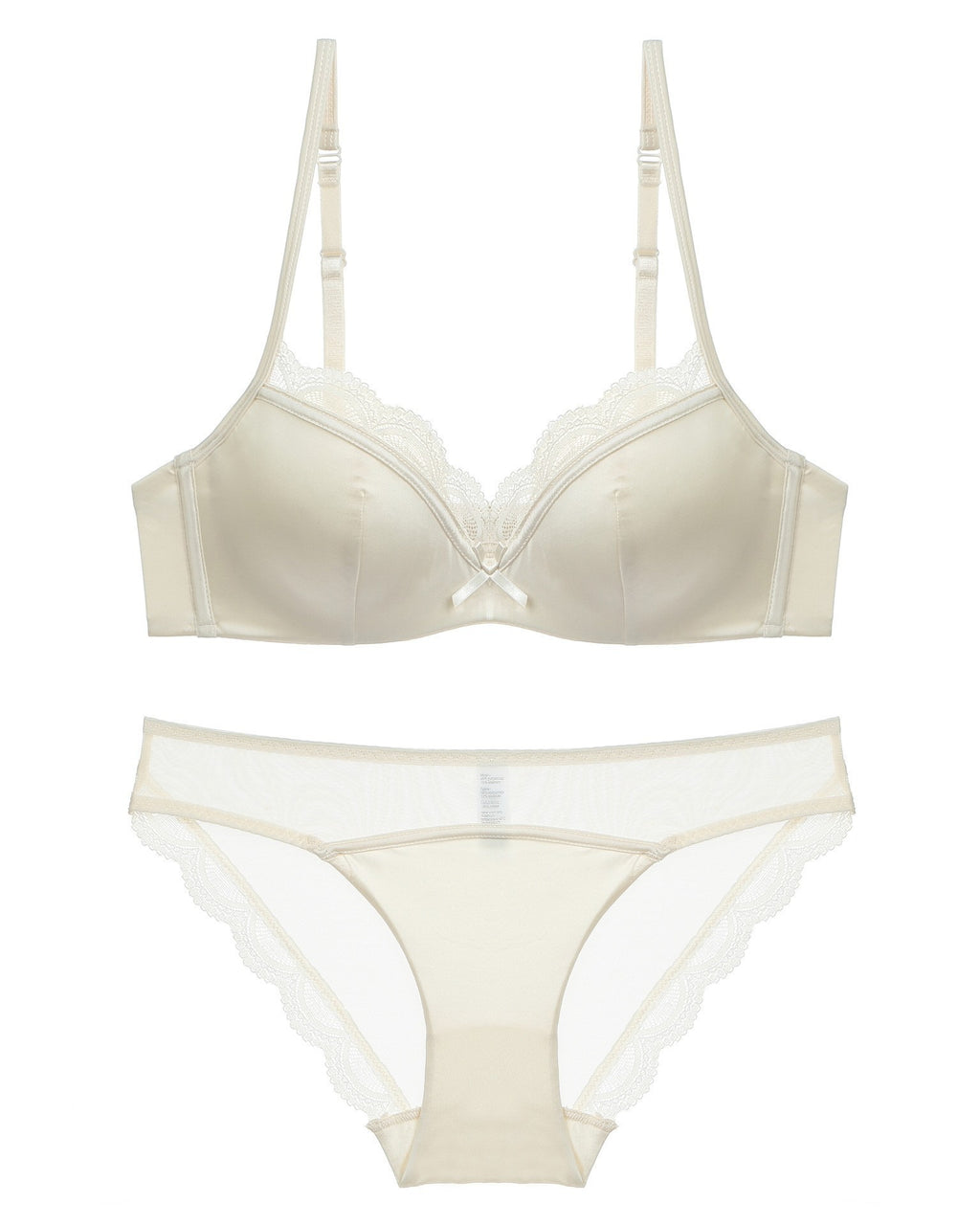Flat lay of the Darette Golden Hour Satin-Lace Set in Ivory on a plain surface