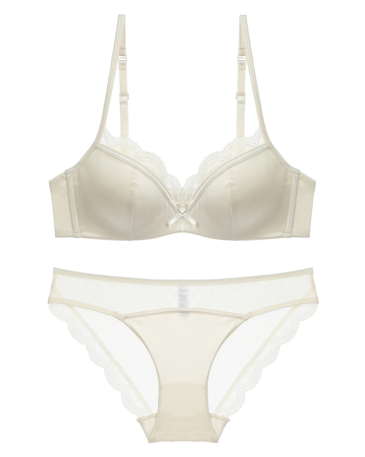 Flat lay of the Darette Golden Hour Satin-Lace Set in Ivory on a plain surface
