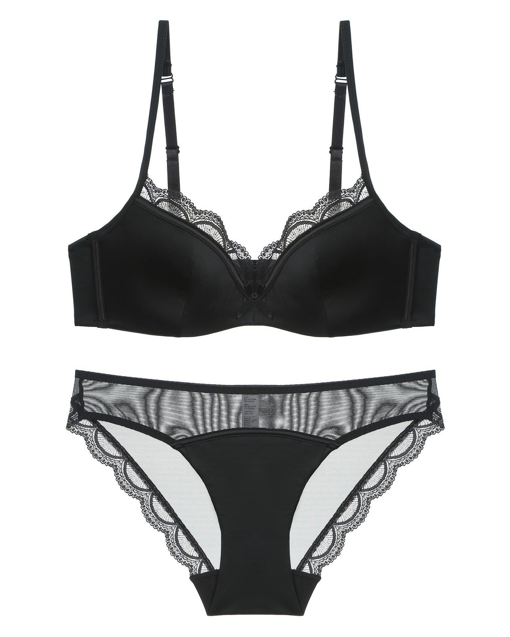 Flat lay of the Darette Golden Hour Satin-Lace Set in Noir on a plain surface