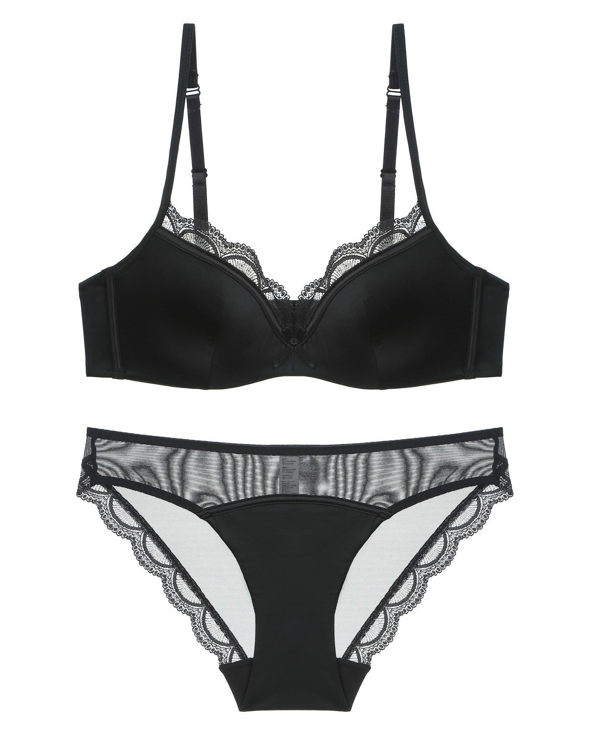 Flat lay of the Darette Golden Hour Satin-Lace Set in Noir on a plain surface