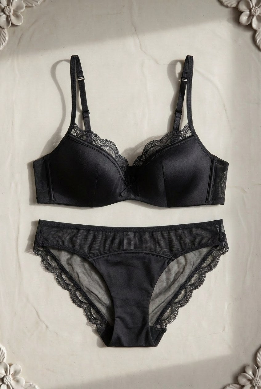 Margaux Satin-Lace Set — Noir colourway