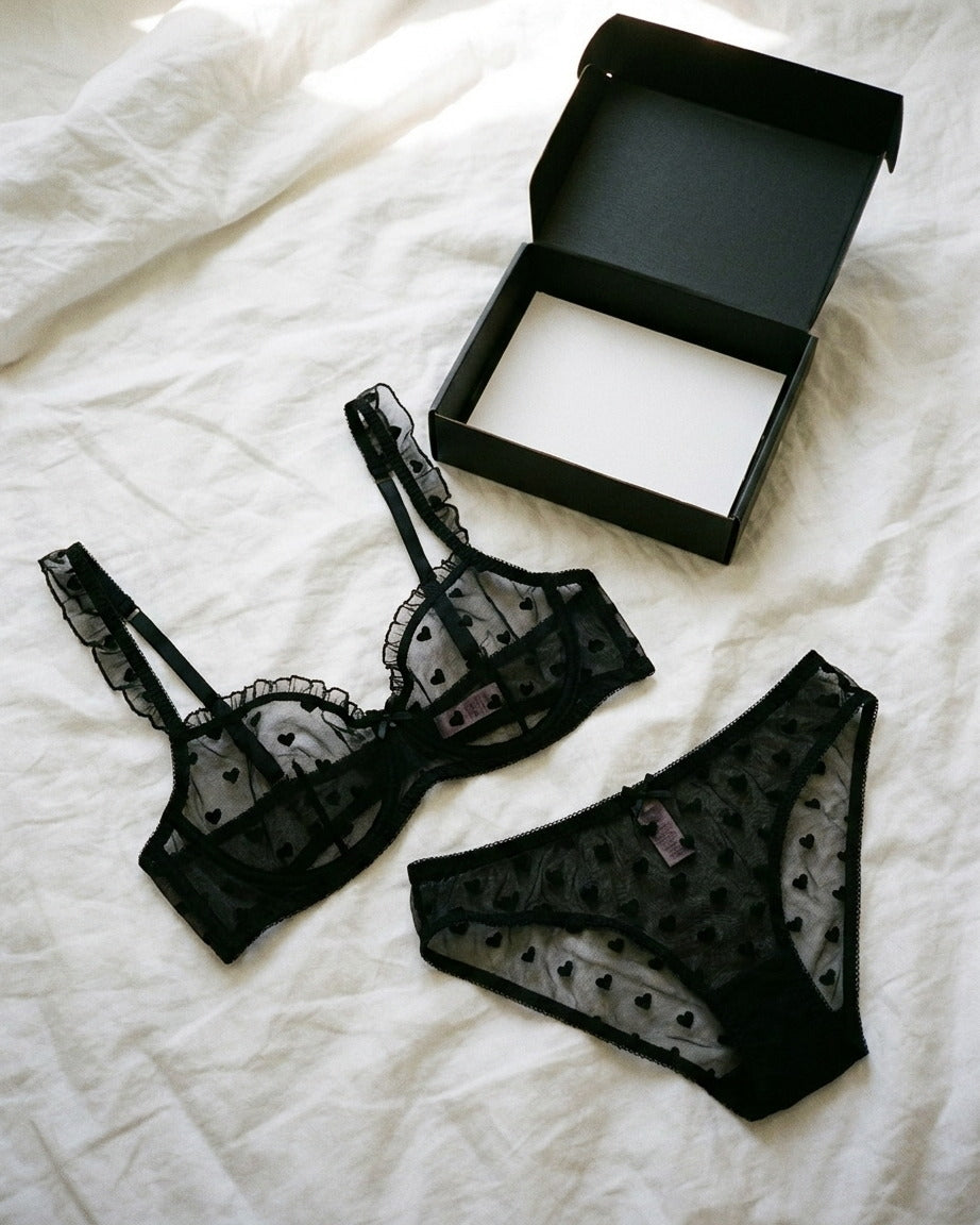 Candid lifestyle shot of the Darette Soft Spot Lace Set in Noir