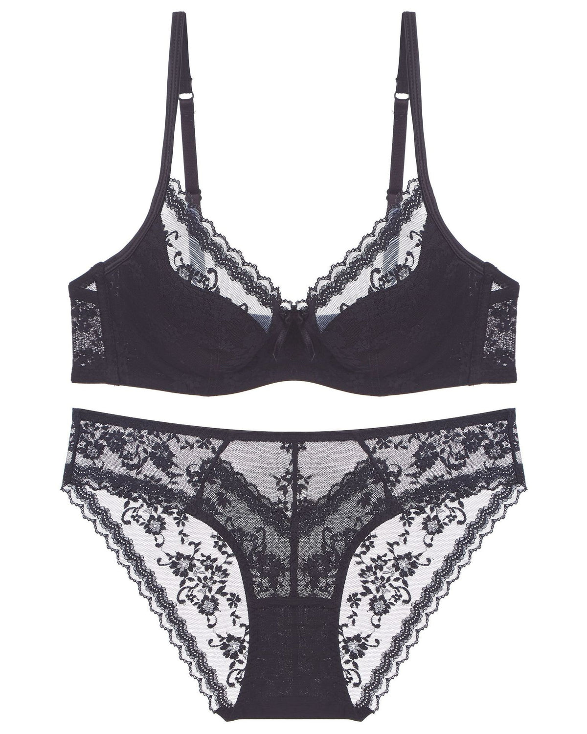 Flat lay of the Darette Deep End Plunge Set in Noir on a plain surface
