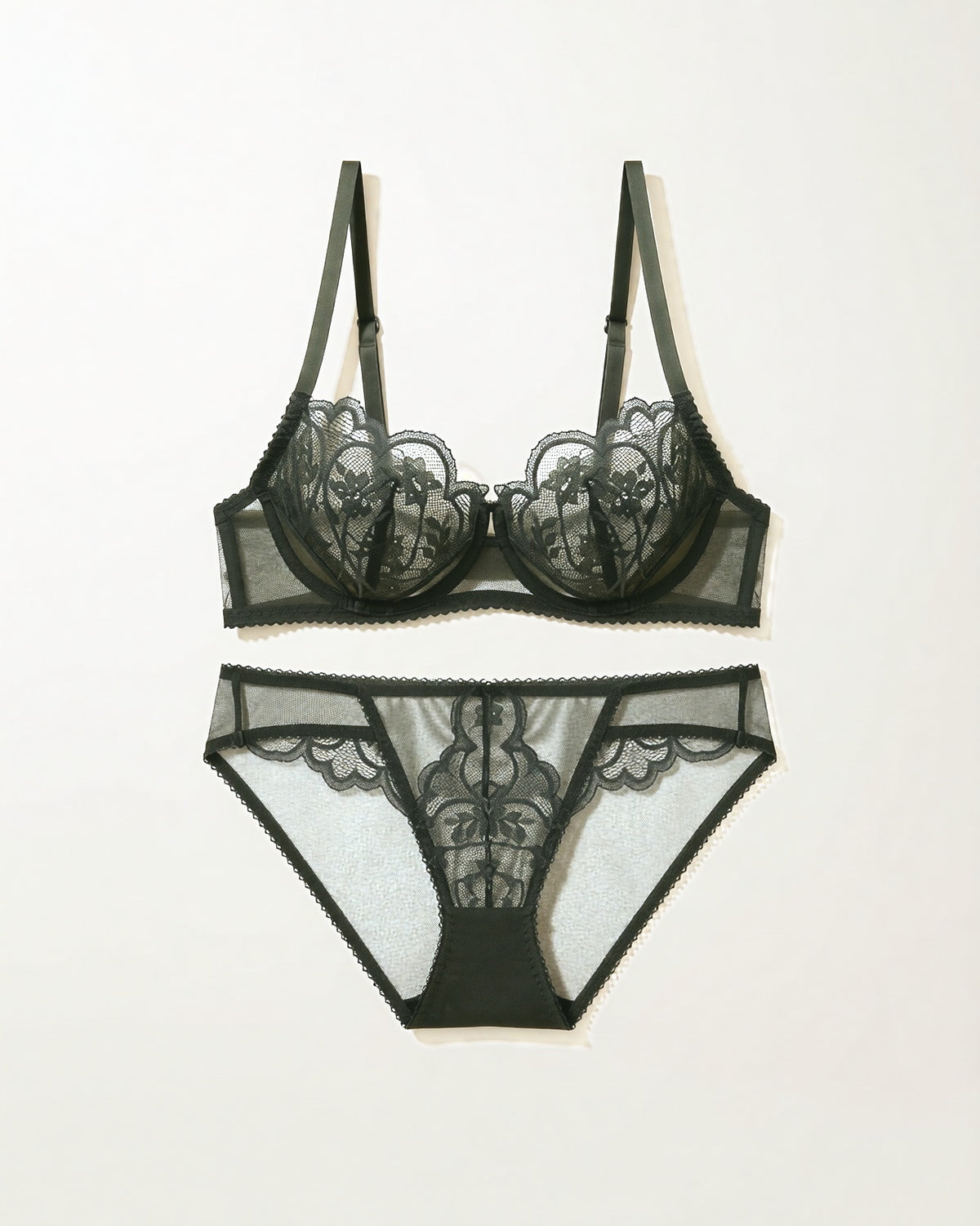 Darette Plain Sight Sheer Set in Moss - front view on a soft studio backdrop