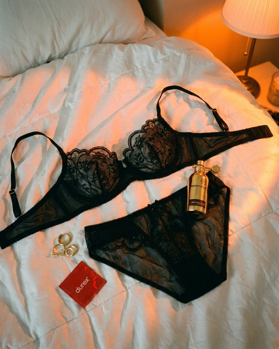 An everyday moment wearing the Plain Sight Sheer Set in Noir