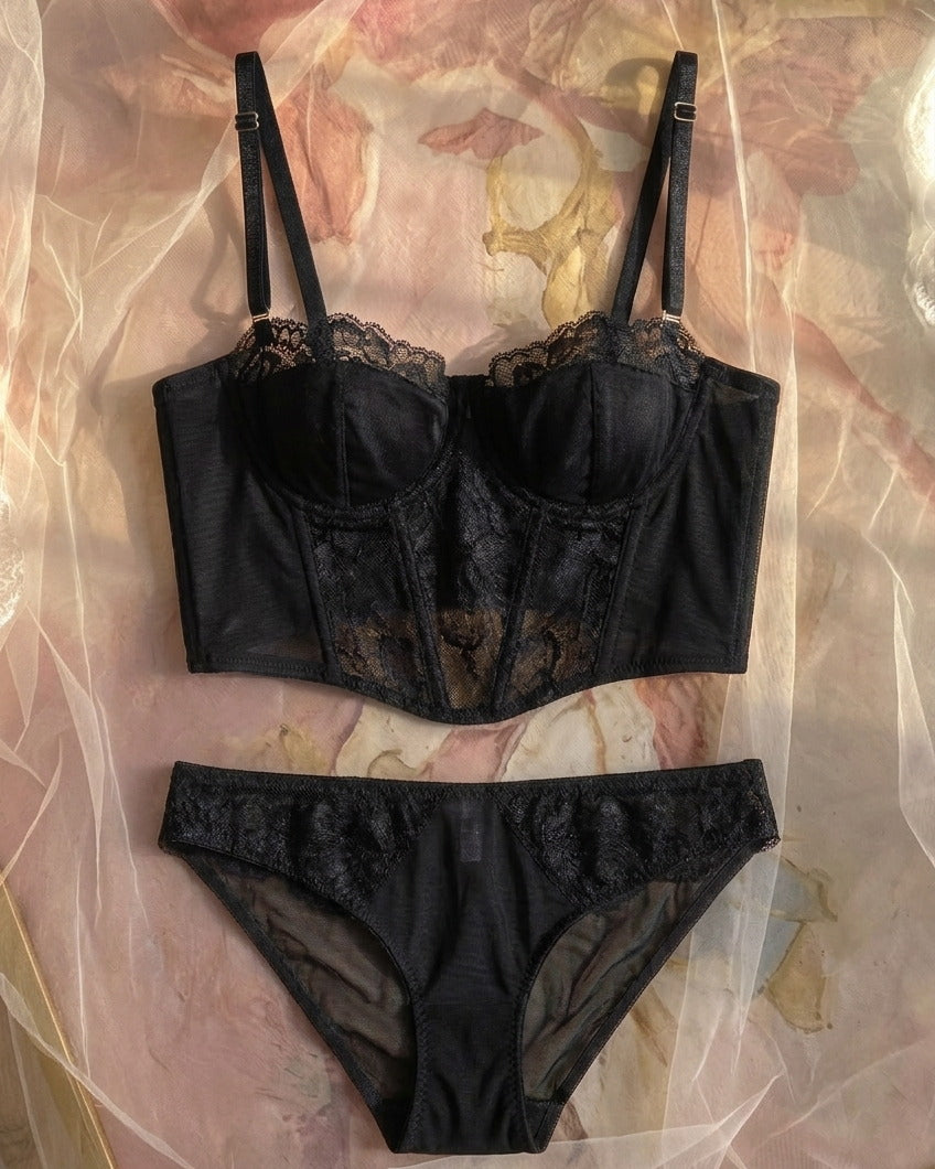 Candid lifestyle shot of the Darette After Hours Bustier Set in Noir