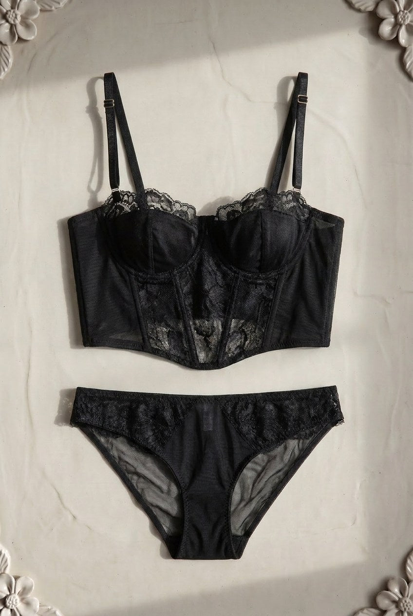 Vesper Lace Bustier Set — Noir colourway