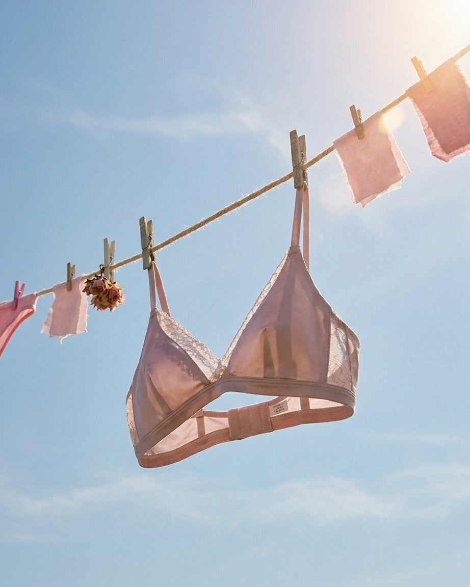 Candid lifestyle shot of the Darette Just Because Silk-Lace Set in Blush