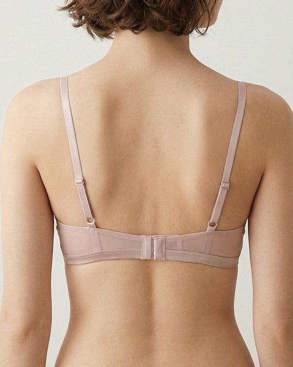 Model wearing the Darette Just Because Silk-Lace Set in Blush in soft indoor light
