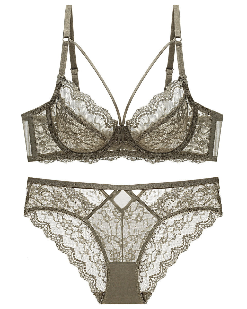 Flat lay of the Darette Small Dare Sheer Set in Moss on a plain surface