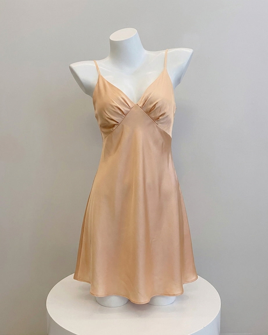 Darette Curtain Call Silk Slip in Crème - front view on a soft studio backdrop